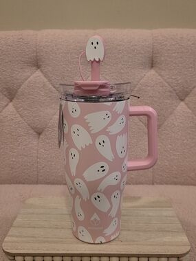 Pink Ghost Print Travel Mug with Handle By Wellness